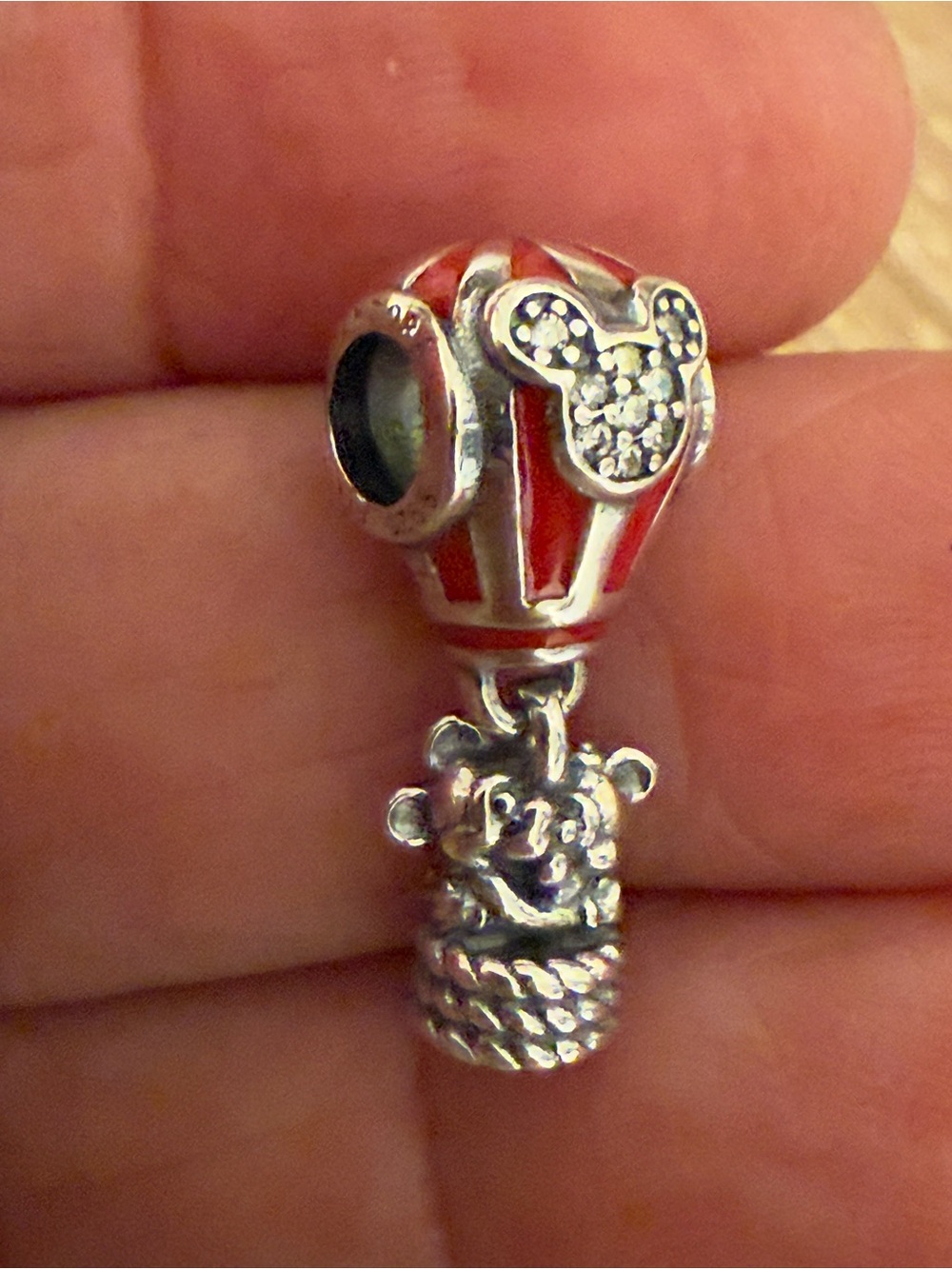 Disney Silver Hot Air Balloon Charm with Red Enamel Panels and Mickey Accent